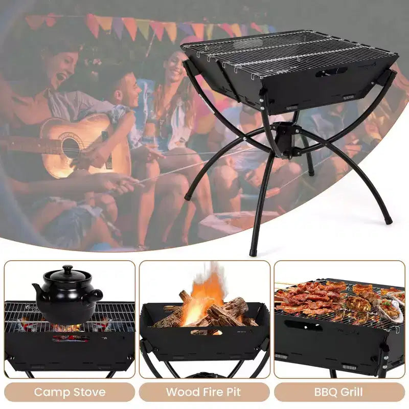 Costway 3-in-1 Portable Charcoal Grill Folding Camping Fire Pit with Carrying Bag & Gloves Black/Coffee