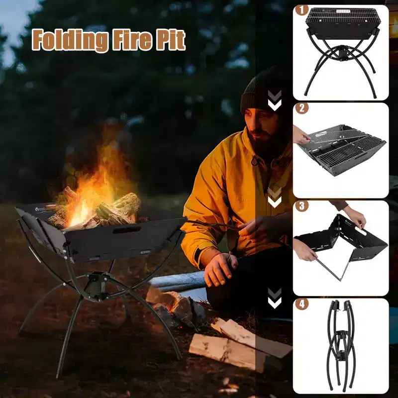 Costway 3-in-1 Portable Charcoal Grill Folding Camping Fire Pit with Carrying Bag & Gloves Black/Coffee