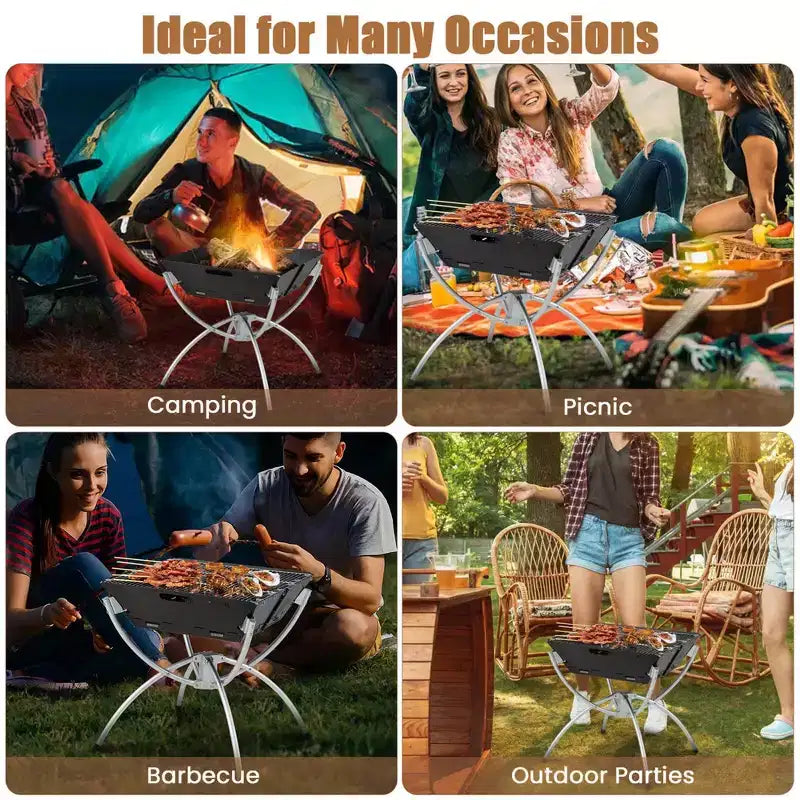 Costway 3-in-1 Portable Charcoal Grill Folding Camping Fire Pit with Carrying Bag & Gloves Black/Coffee