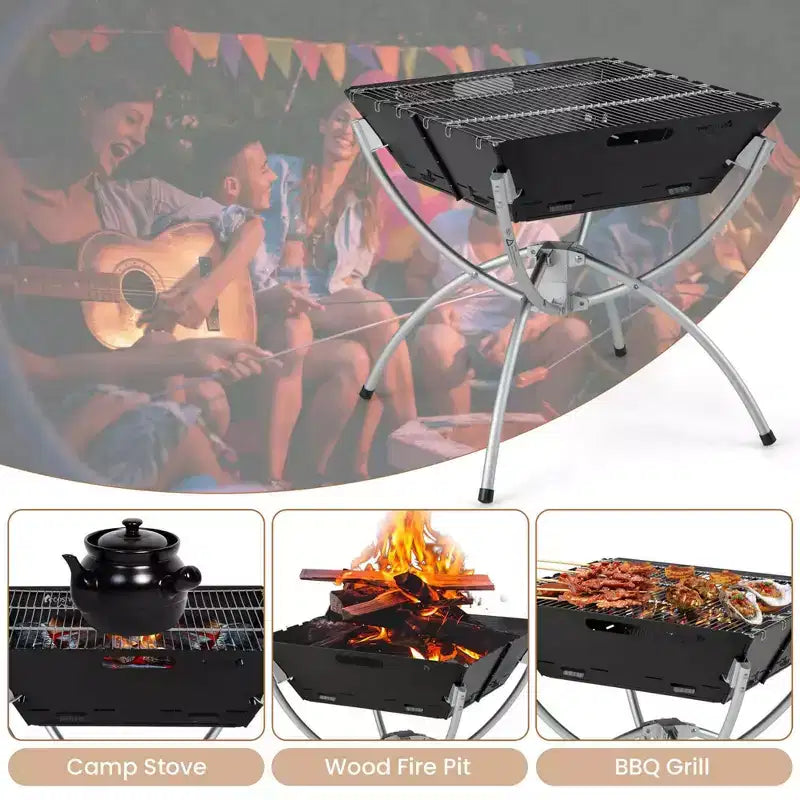Costway 3-in-1 Portable Charcoal Grill Folding Camping Fire Pit with Carrying Bag & Gloves Black/Coffee