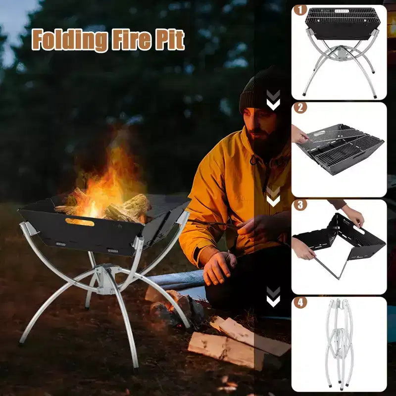 Costway 3-in-1 Portable Charcoal Grill Folding Camping Fire Pit with Carrying Bag & Gloves Black/Coffee