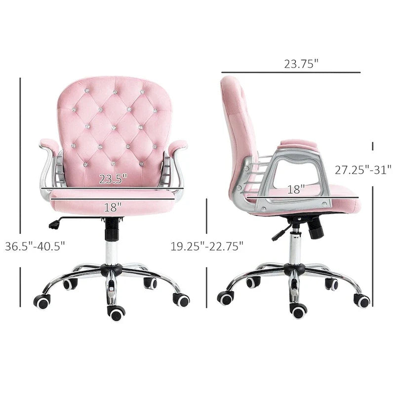 Velvet Adjustable Height Home Office Chair w/ Padded Armrests & Wheel - N/A