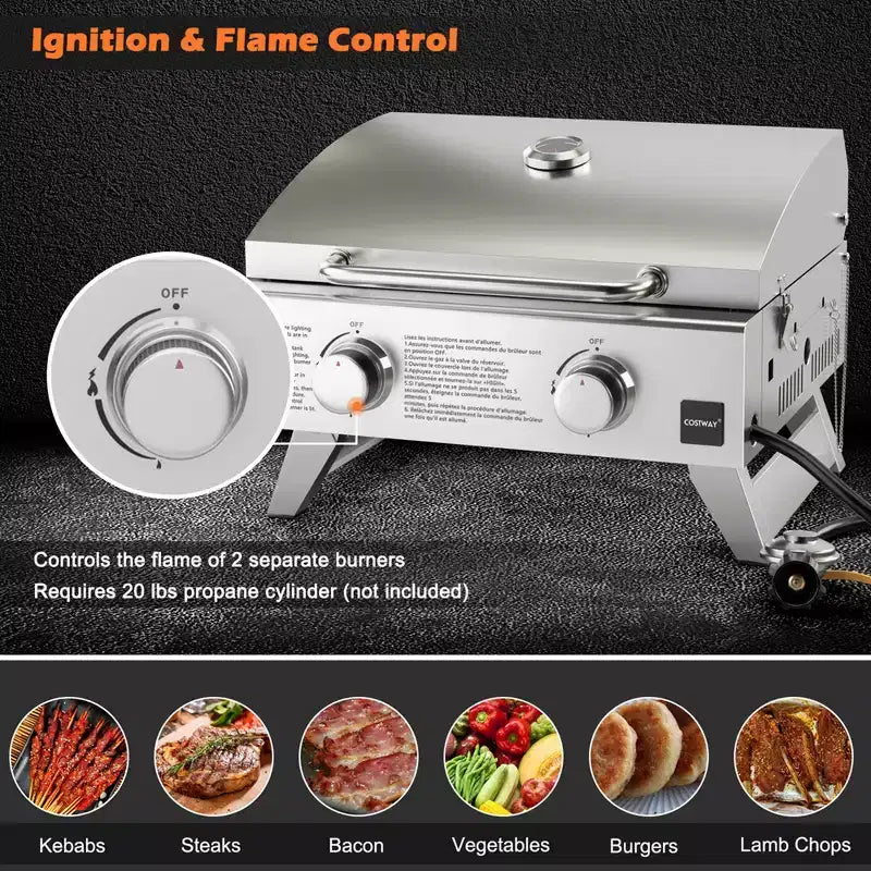Barbecue à gaz portable Costway 20 000 BTU avec couvercle et poignée, thermomètre supérieur, tige de flamme supplémentaire