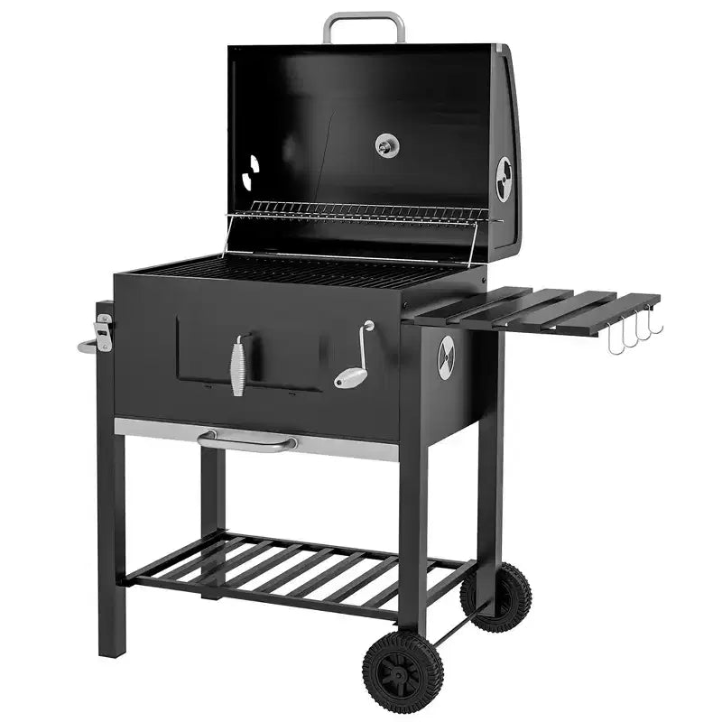Outsunny Charcoal BBQ Grill, Outdoor Portable Cooker for Camping or Backyard Picnic with Side Table, Bottom Storage Shelf, Wheels and Handle