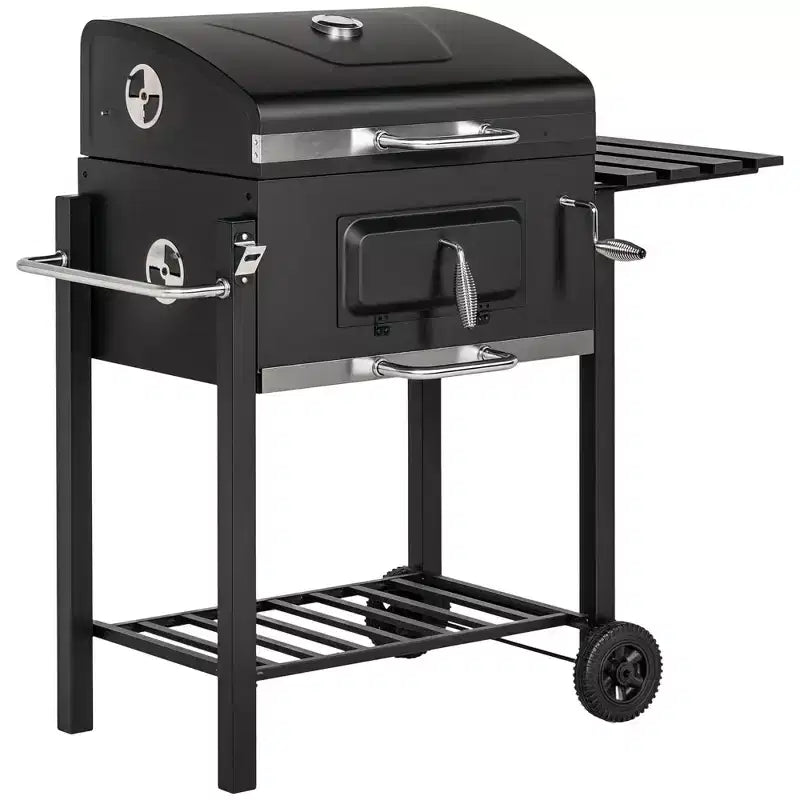 Outsunny Charcoal BBQ Grill, Outdoor Portable Cooker for Camping or Backyard Picnic with Side Table, Bottom Storage Shelf, Wheels and Handle
