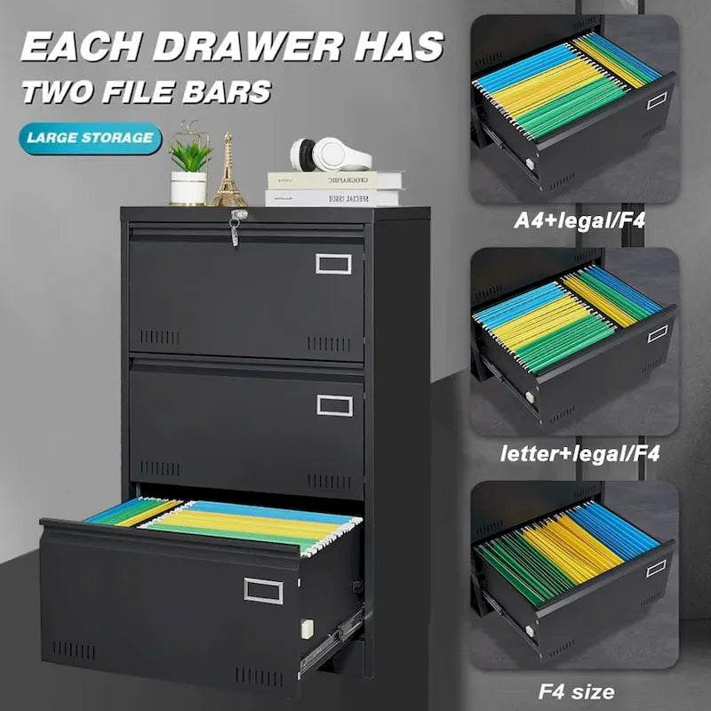 Black Locking Metal File Cabinets with Three Drawer, Lock and Key
