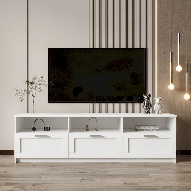 Meuble TV minimaliste blanc avec 3 tiroirs pour téléviseur de 80 pouces