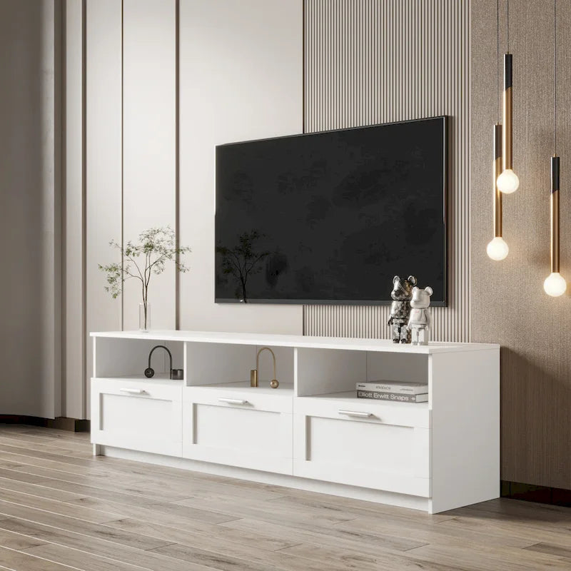 Meuble TV minimaliste blanc avec 3 tiroirs pour téléviseur de 80 pouces