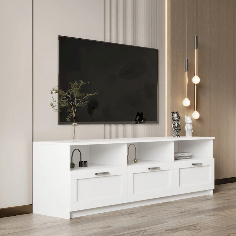 Meuble TV minimaliste blanc avec 3 tiroirs pour téléviseur de 80 pouces