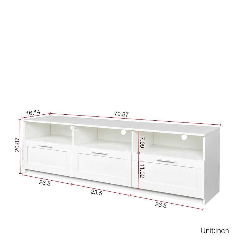 Meuble TV minimaliste blanc avec 3 tiroirs pour téléviseur de 80 pouces