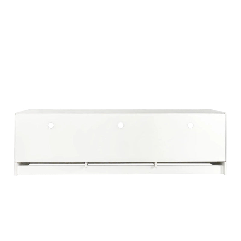 Meuble TV minimaliste blanc avec 3 tiroirs pour téléviseur de 80 pouces