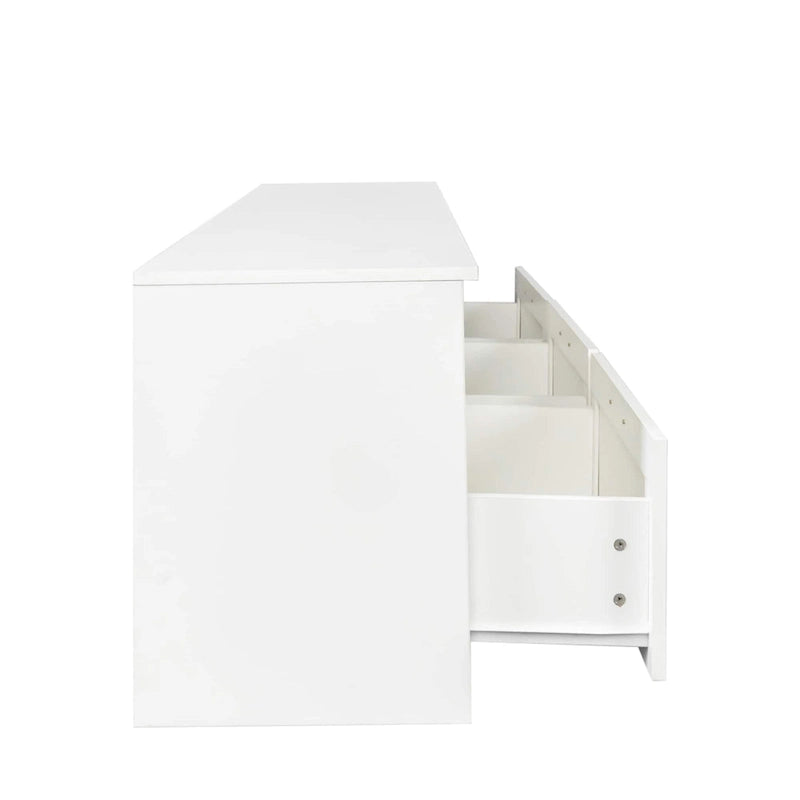 Meuble TV minimaliste blanc avec 3 tiroirs pour téléviseur de 80 pouces