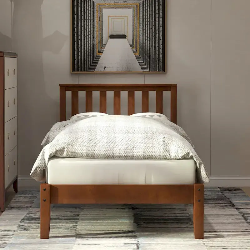Wood Platform Bed With Headboard/Wood Slat Support.Twin (Walnut)