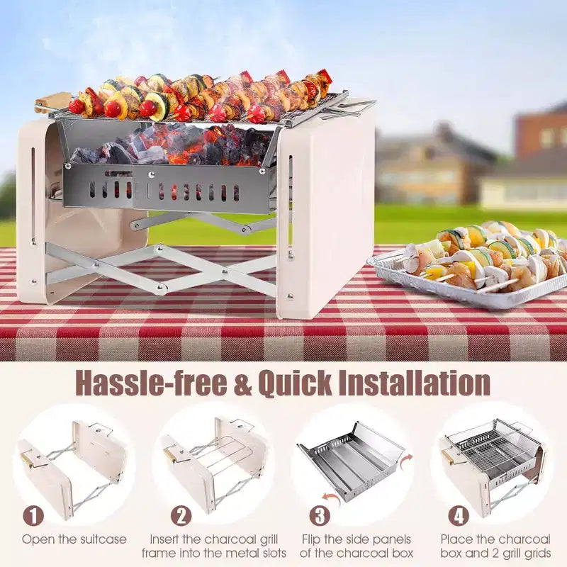 Costway Outdoor Charcoal Grill with 2 Stainless Steel Grill Nets Charcoal Box for Camping