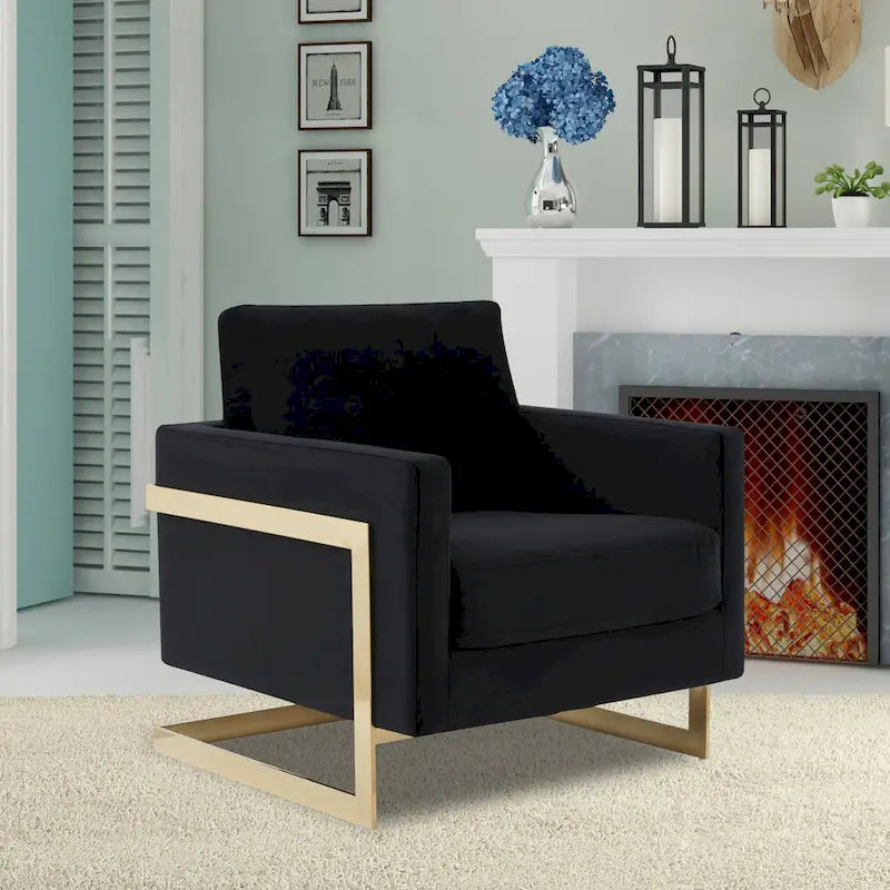 LeisureMod Lincoln Mid-Century Velvet Accent Arm Chair With Gold Frame - 34