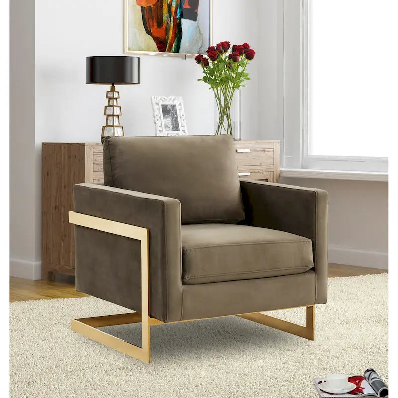 LeisureMod Lincoln Mid-Century Velvet Accent Arm Chair With Gold Frame - 34