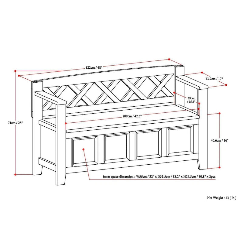 48 Inch Solid Wood Entryway Storage Bench - Seats 2
