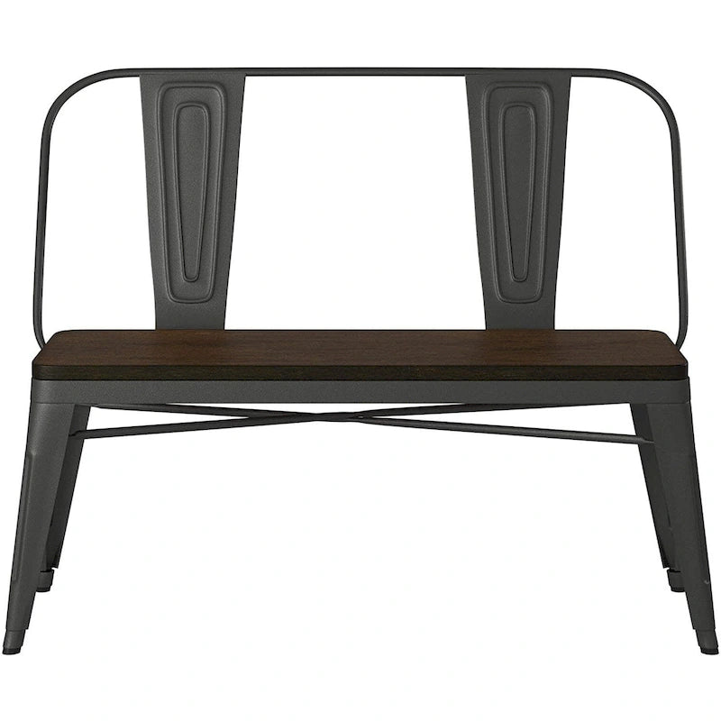 Banc de salle à manger en métal avec plateau en bois et dossier haut
