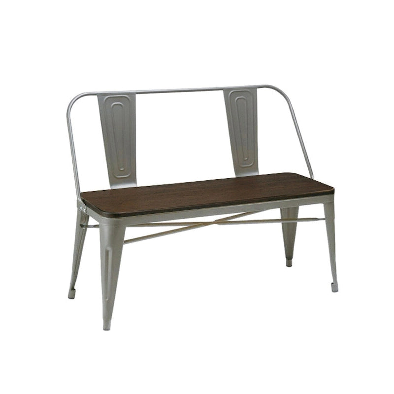 Banc de salle à manger en métal avec plateau en bois et dossier haut
