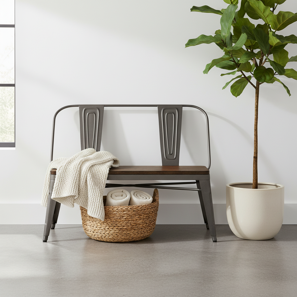 Banc de salle à manger en métal avec plateau en bois et dossier haut