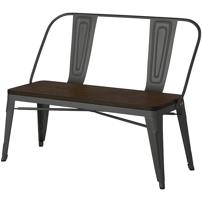 Banc de salle à manger en métal avec plateau en bois et dossier haut