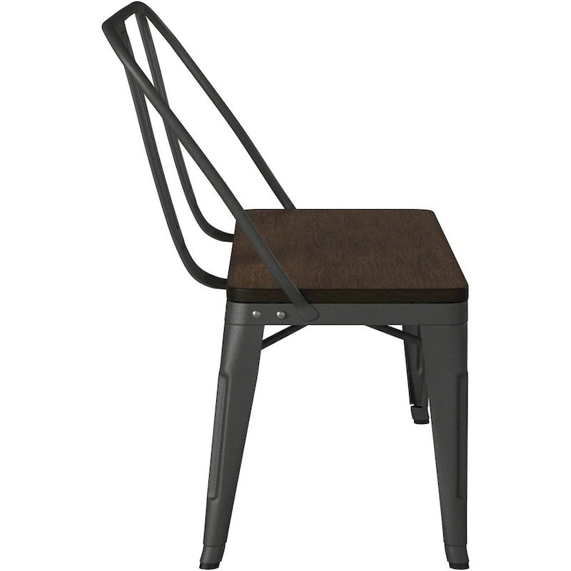Banc de salle à manger en métal avec plateau en bois et dossier haut