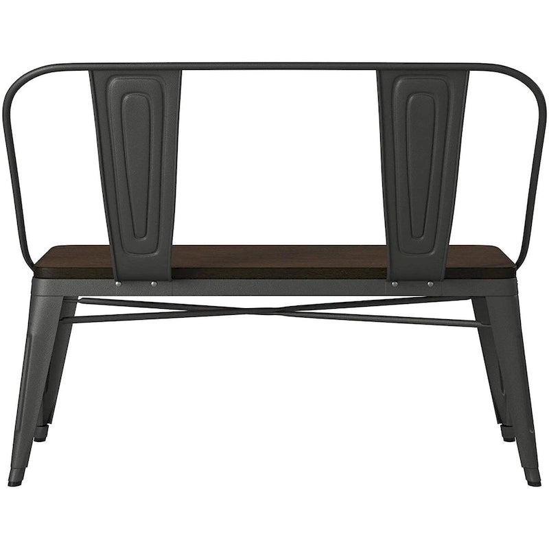 Banc de salle à manger en métal avec plateau en bois et dossier haut