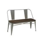 Banc de salle à manger en métal avec plateau en bois et dossier haut