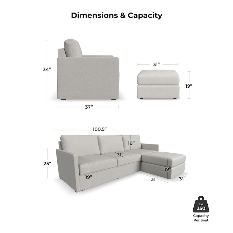 Canapé modulaire rembourré Flex 99 avec pouf d'angle – 101 x 35 x 37