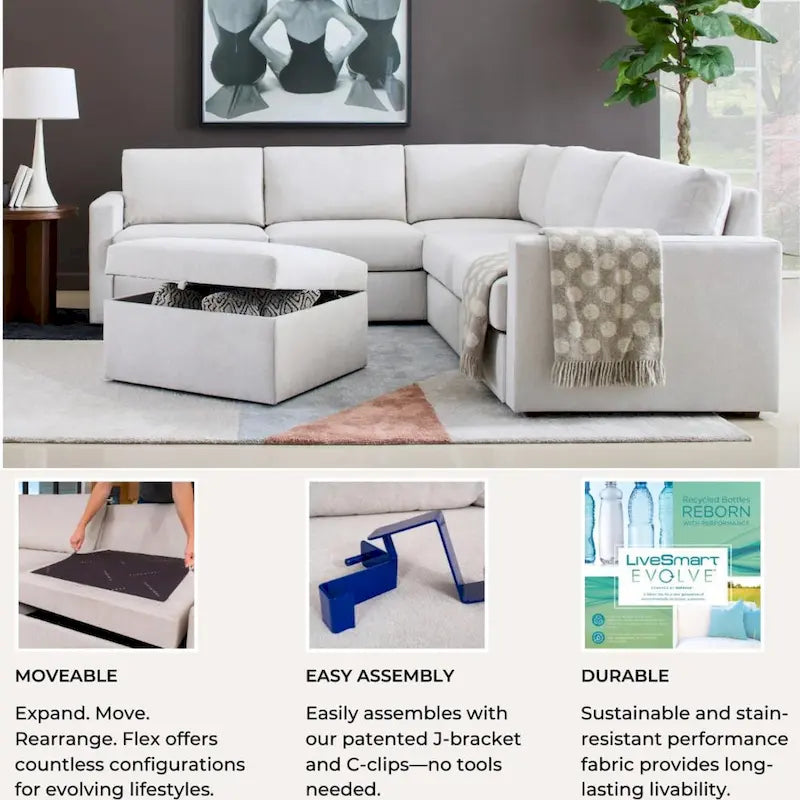 Canapé modulaire rembourré Flex 99 avec pouf d'angle – 101 x 35 x 37