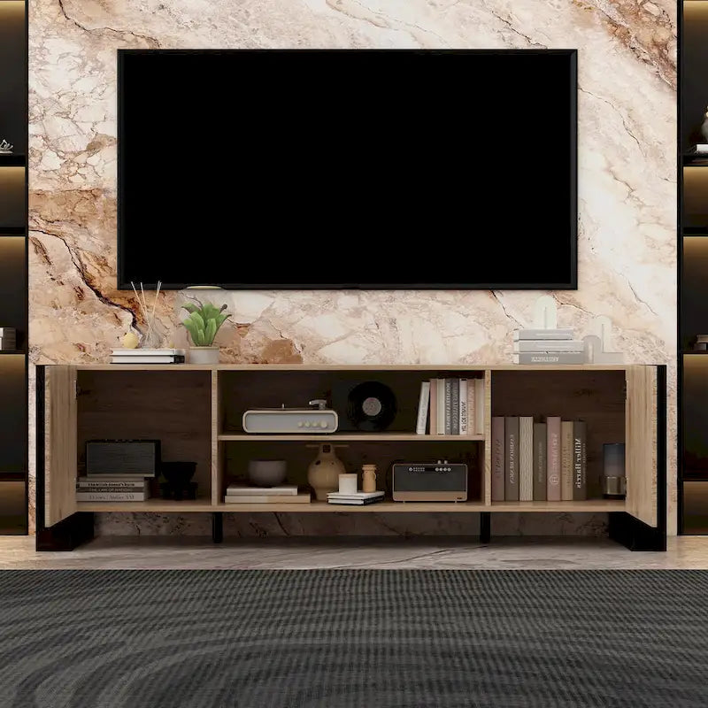 Meuble TV effet bois avec cheminée électrique optionnelle : Gestion des câbles