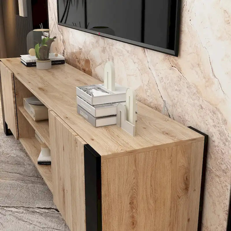 Meuble TV effet bois avec cheminée électrique optionnelle : Gestion des câbles