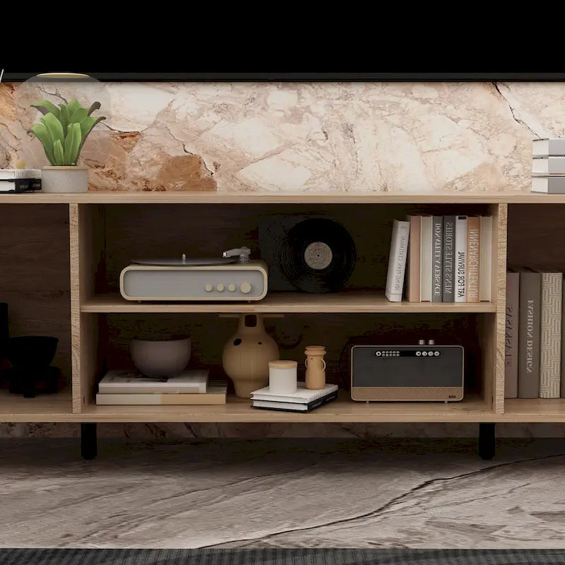 Meuble TV effet bois avec cheminée électrique optionnelle : Gestion des câbles
