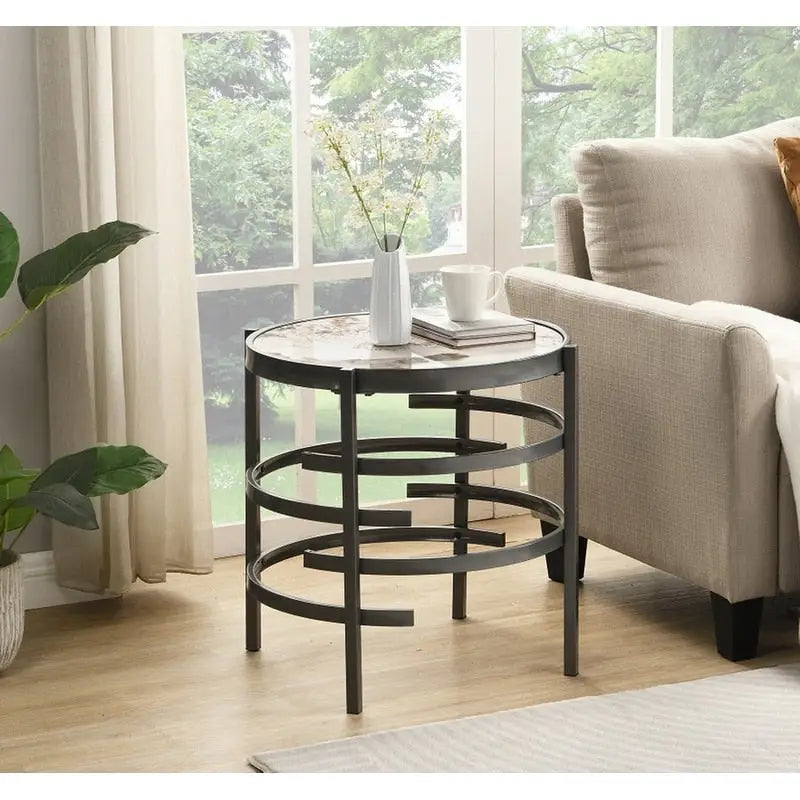 Grondin 20.67 Round End Table with Sintered Stone Table Top and Metal Frame, Modern Style Side Table with Non-Slip Foot Pads