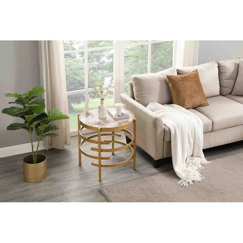 Round End Table with Sintered Stone Top and Metal Frame - 20.7 Inch