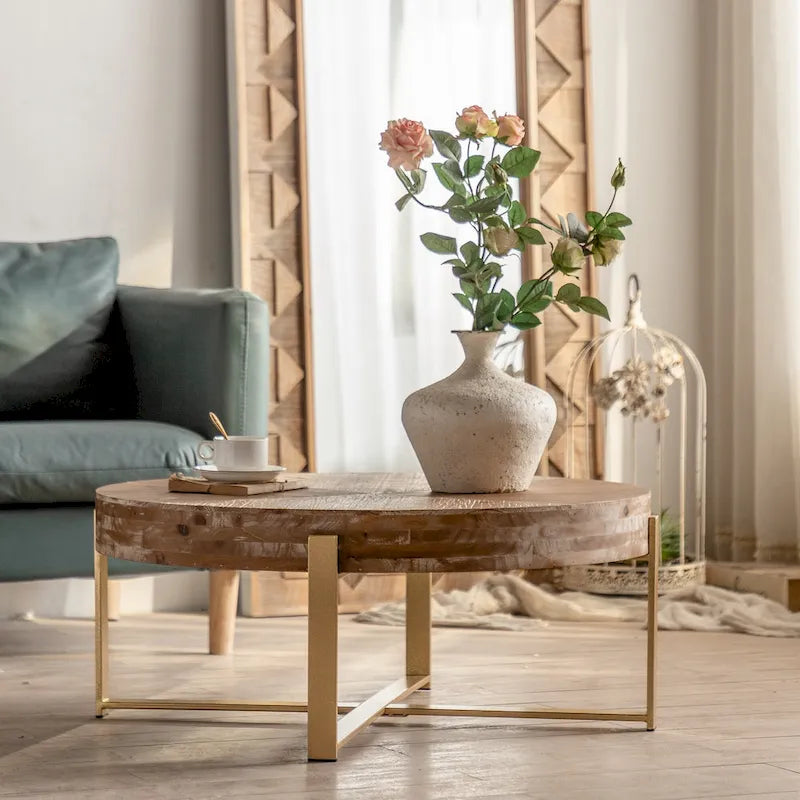 31.29Modern Retro Splicing Round Coffee Table , Fir Wood Table Top with Cross Legs Metal Base