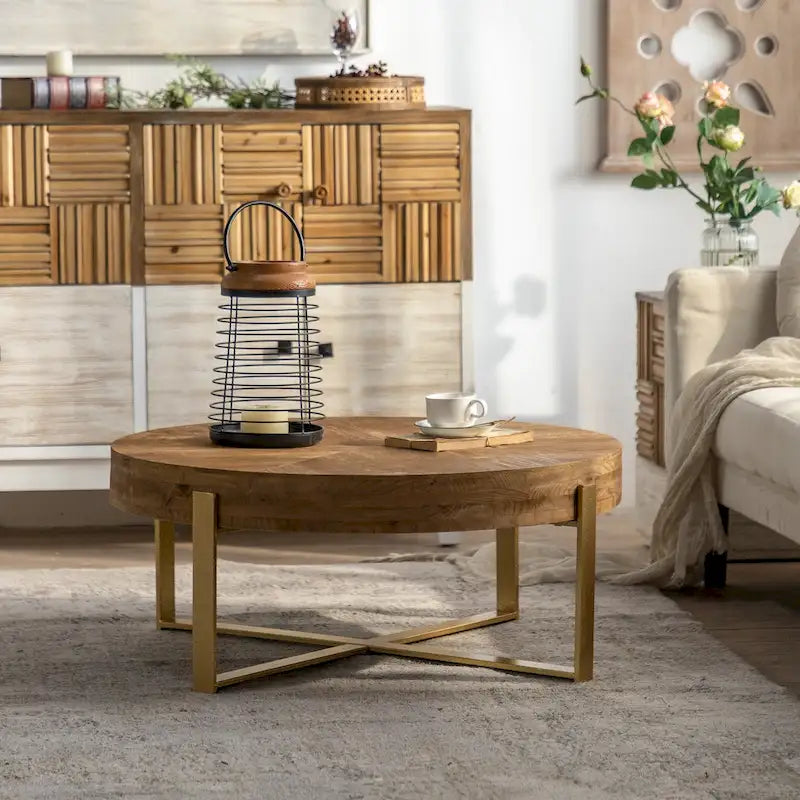 31.29Modern Retro Splicing Round Coffee Table , Fir Wood Table Top with Cross Legs Metal Base