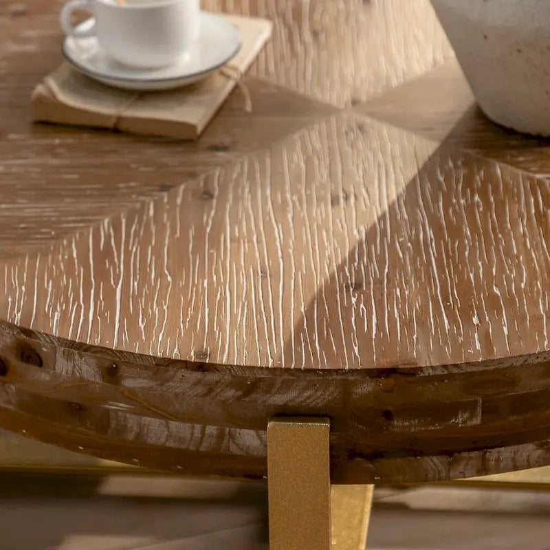 31.29Modern Retro Splicing Round Coffee Table , Fir Wood Table Top with Cross Legs Metal Base