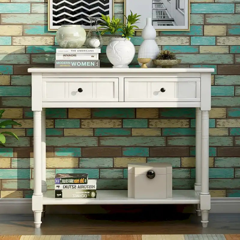 Console Table with 2 Drawers and Bottom Shelf - Solid Pine Wood