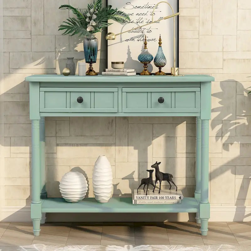 Console Table with 2 Drawers and Bottom Shelf - Solid Pine Wood