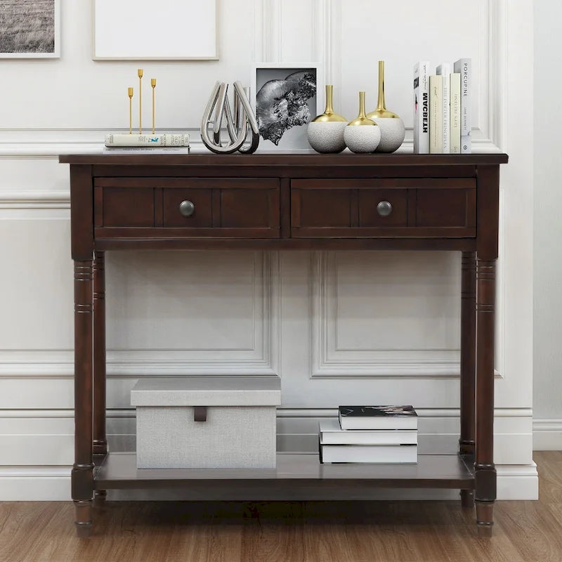 Console Table with 2 Drawers and Bottom Shelf - Solid Pine Wood