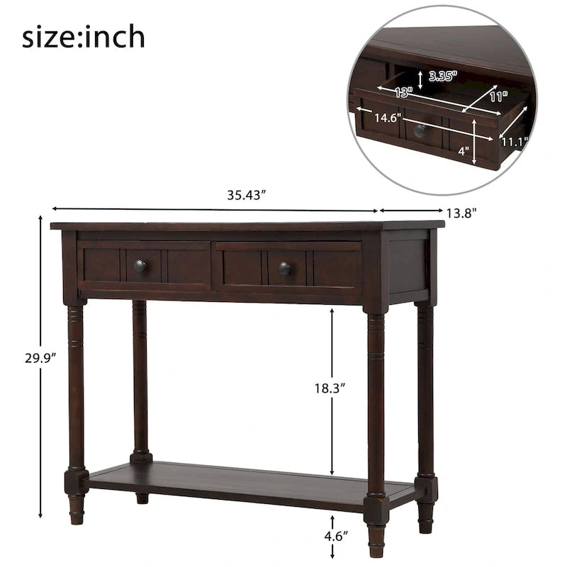 Console Table with 2 Drawers and Bottom Shelf - Solid Pine Wood