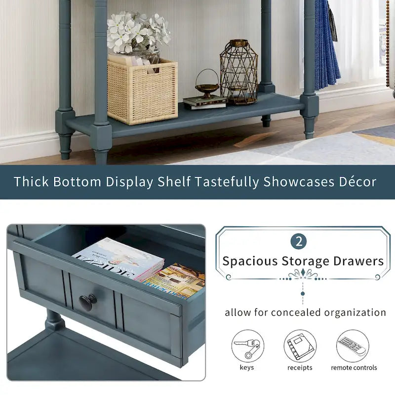 Console Table with 2 Drawers and Bottom Shelf - Solid Pine Wood