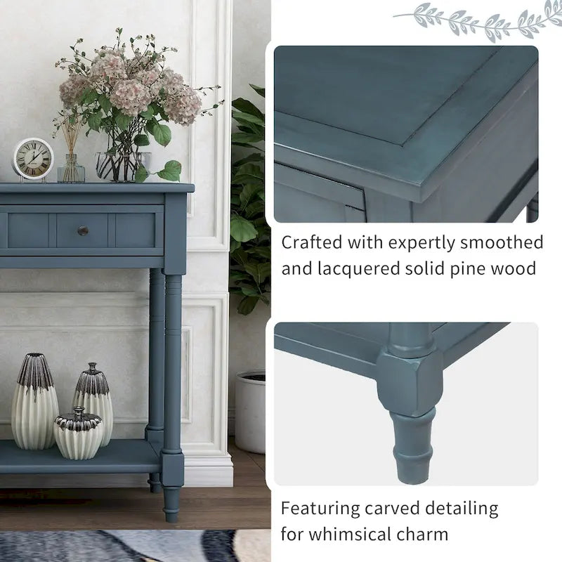 Console Table with 2 Drawers and Bottom Shelf - Solid Pine Wood
