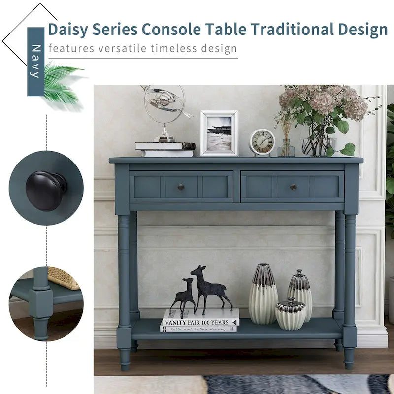 Console Table with 2 Drawers and Bottom Shelf - Solid Pine Wood