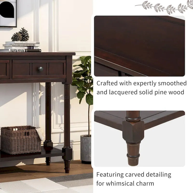Console Table with 2 Drawers and Bottom Shelf - Solid Pine Wood