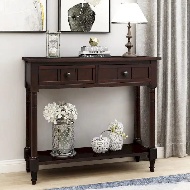 Console Table with 2 Drawers and Bottom Shelf - Solid Pine Wood
