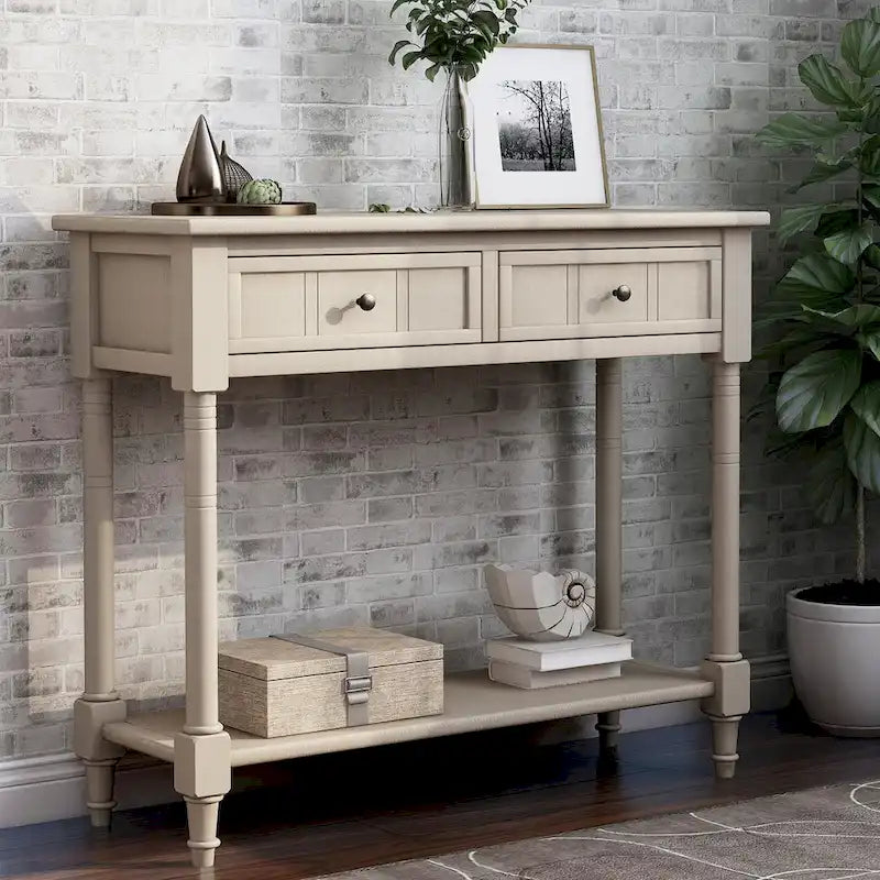 Console Table with 2 Drawers and Bottom Shelf - Solid Pine Wood