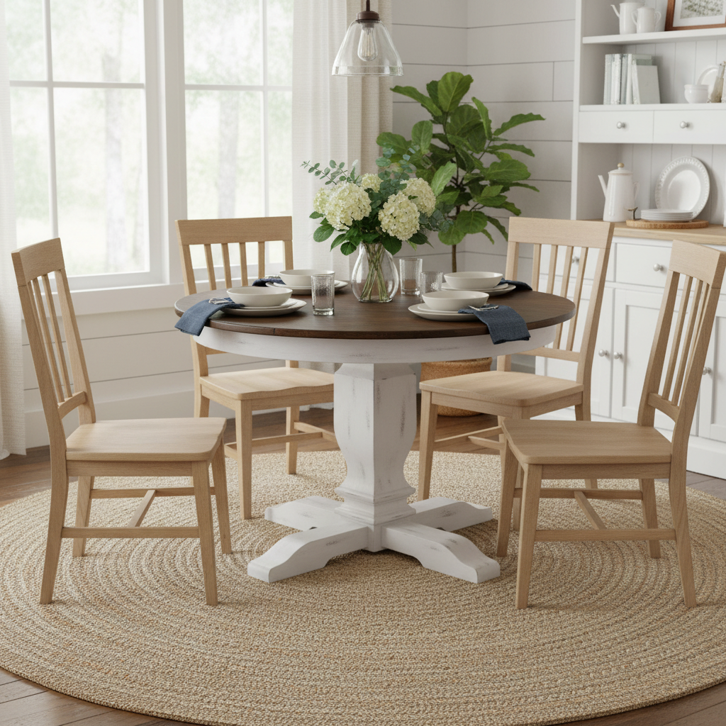 Table à manger ronde sur pied avec rallonge – Bois d'hévéa – 4 à 6 places