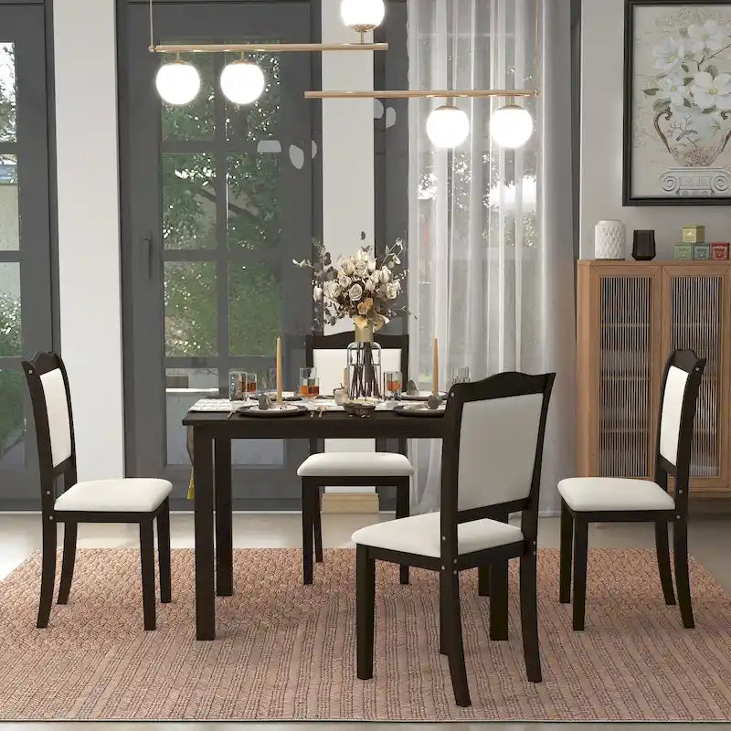 Ensemble de salle à manger 5 pièces en bois de style simple, table rectangulaire et chaises rembourrées pour petits espaces